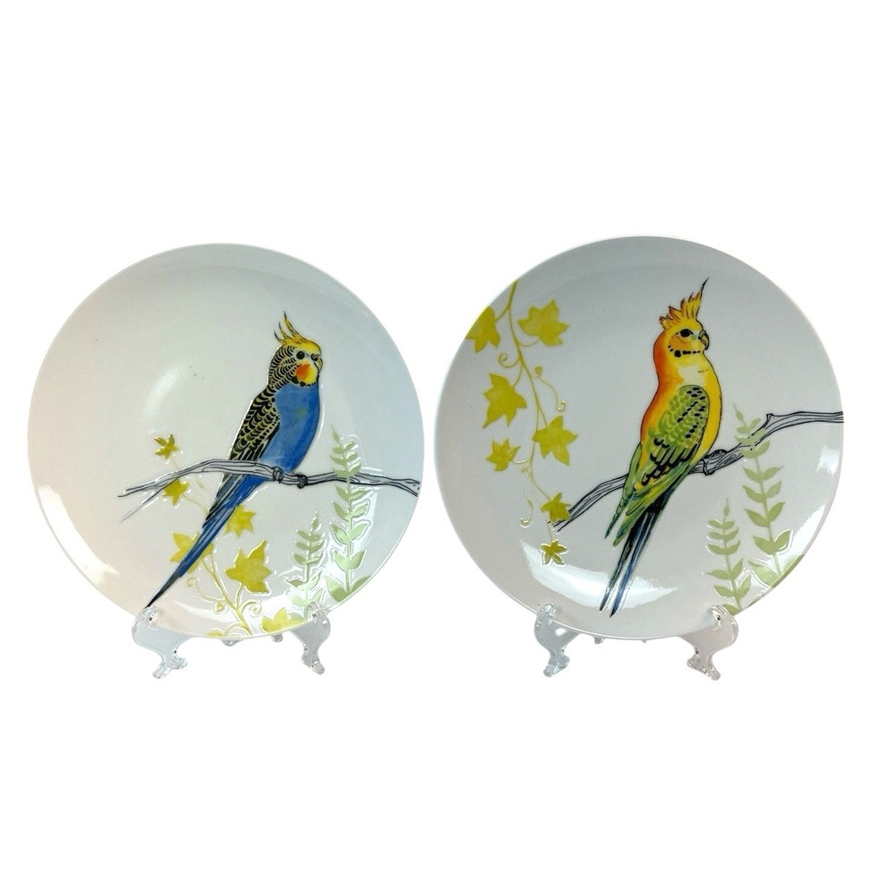 Anthropologie Grace‎ 8.25" Porcelain 1 Budgie & 1 Cockatiel Parakeets Set of 2
